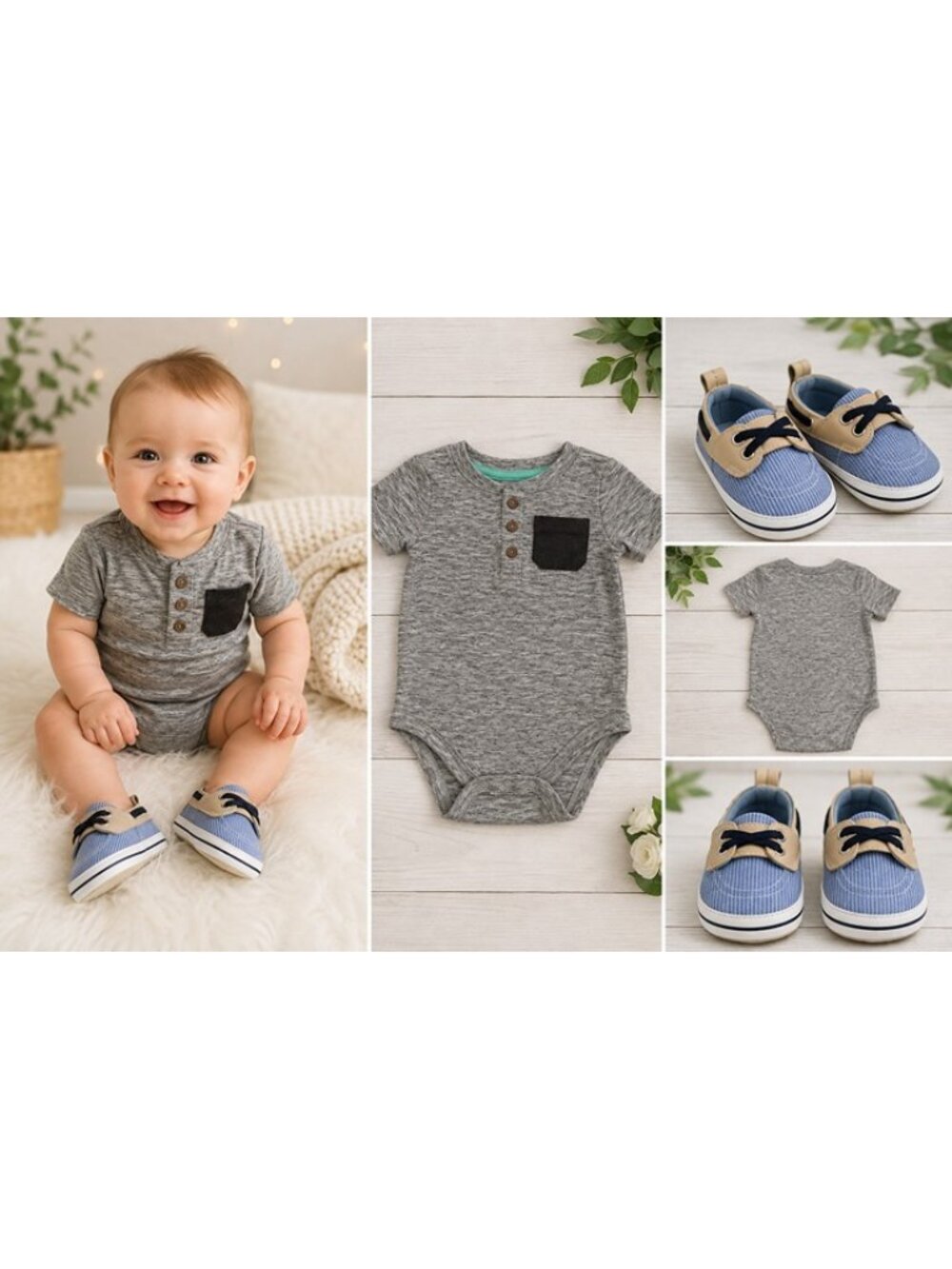 Cat & Jack Baby Boys 2-Piece Bodysuit & Crib Shoes Outfit Set 6-9M NWT